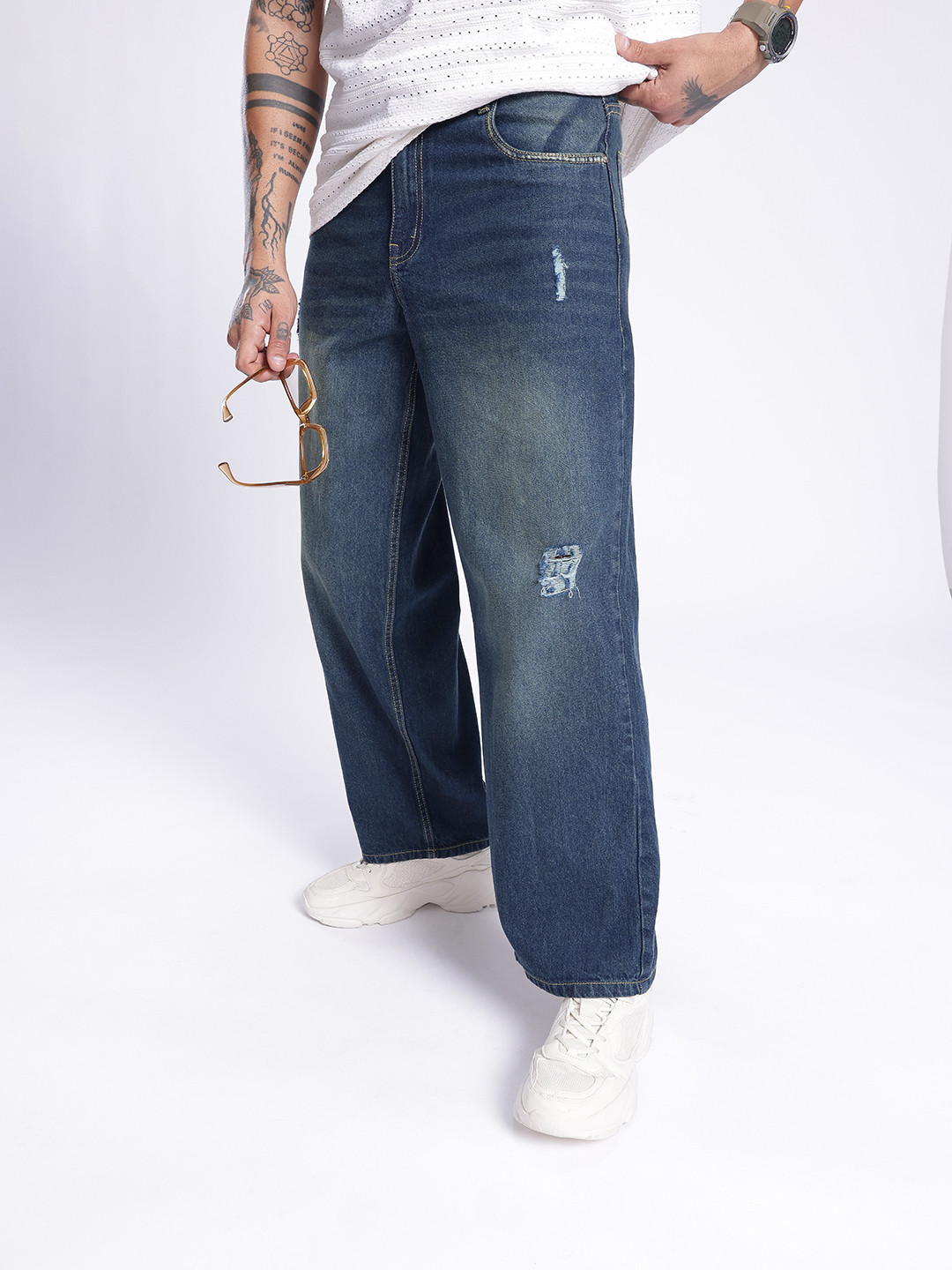 glitchez Men Baggy Loose Ripped Light Fade Jeans