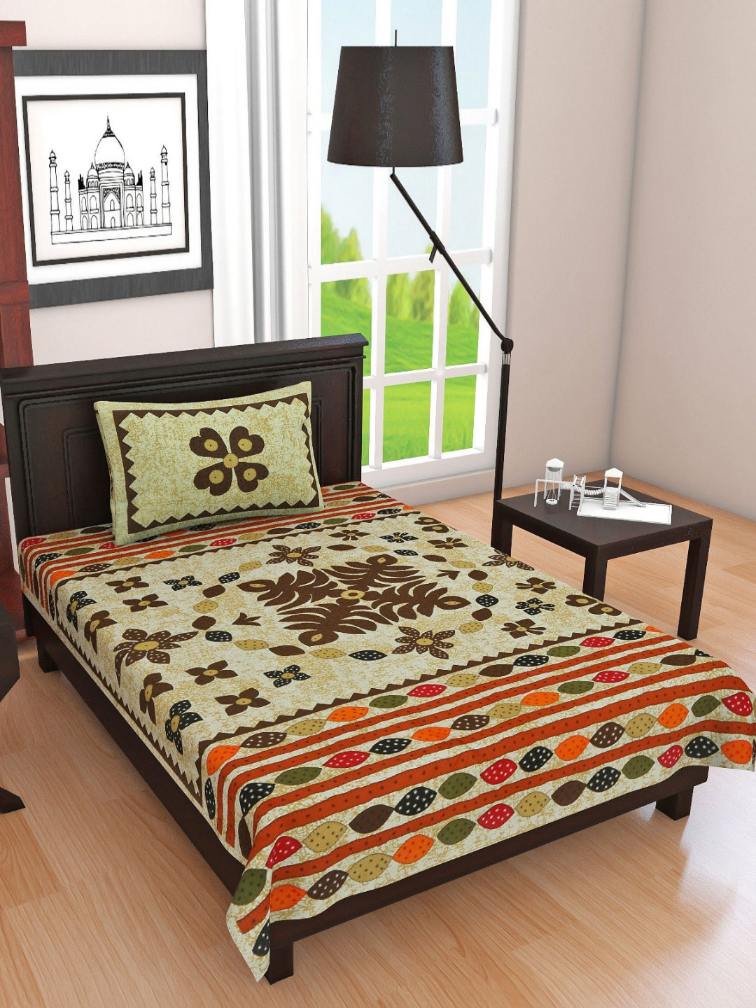 POORAK Yellow & Brown Jaipuri Print 104 TC Single Cotton Bedsheet Set 2.74 m x 2.74 m