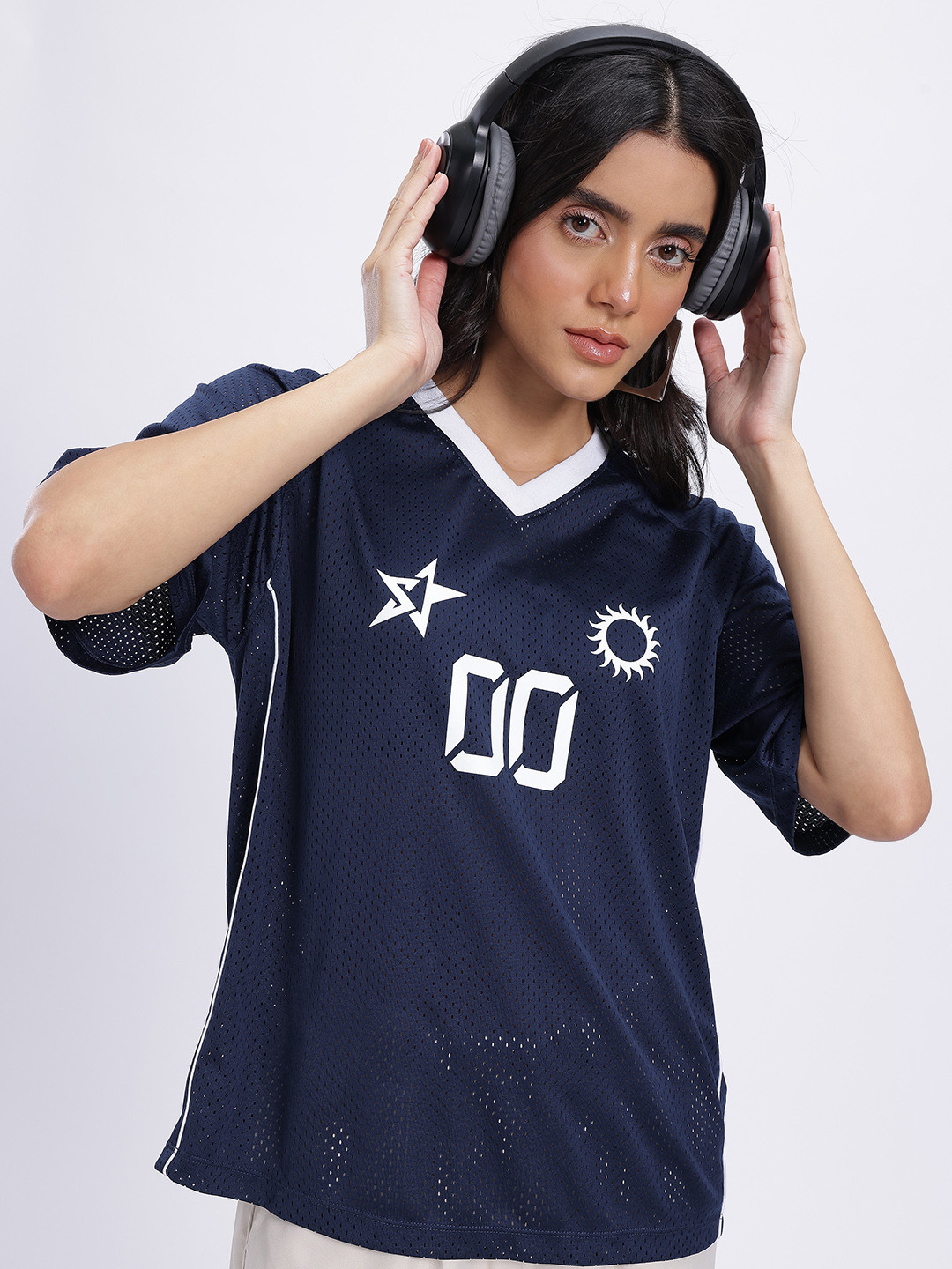 glitchez Printed Perforated Semi Sheer Oversized T-shirt