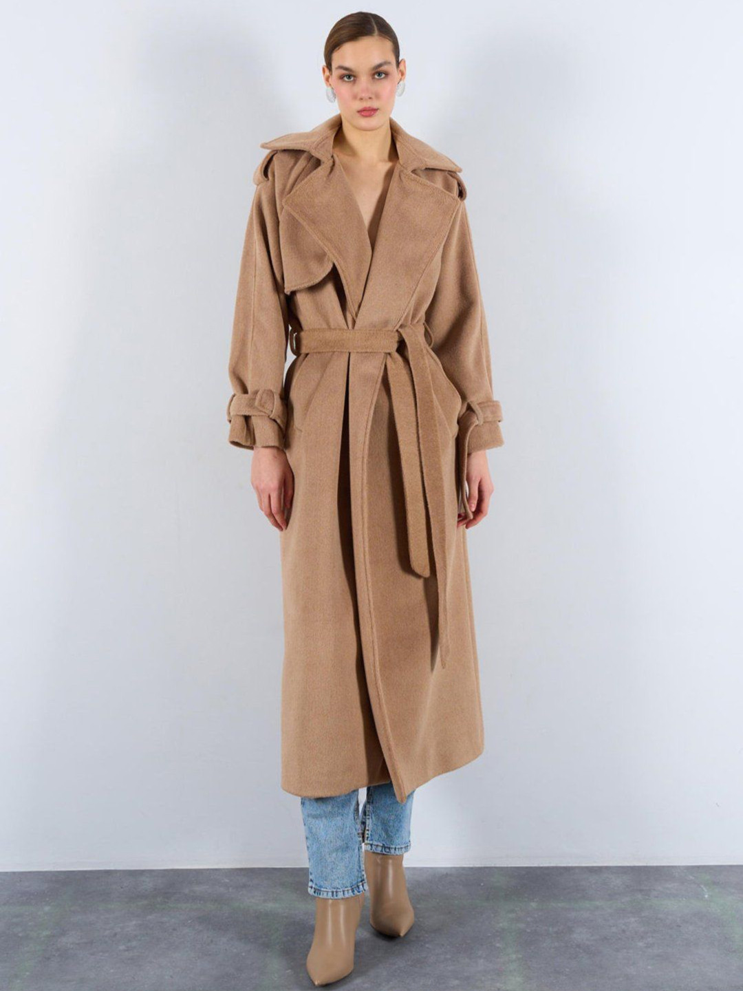 Fashion Gaiia Shawl Collar Neck Oversized Belted Pocket Winter Overcoat