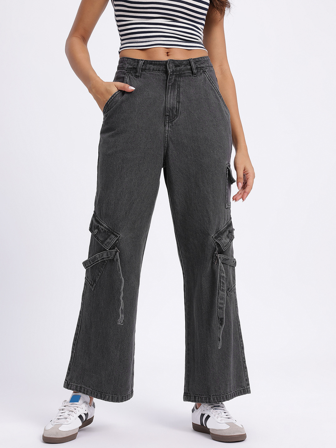glitchez Women Cargo Style Wide Leg Jeans