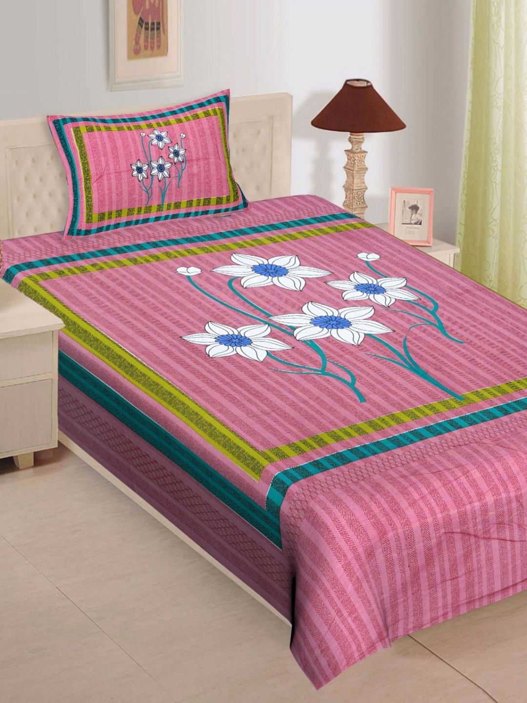 POORAK Jaipuri Pink Floral Cotton Breathable 104 TC Single Coarse Bedsheet with a Pillow Cover-160.1 x 90 inches