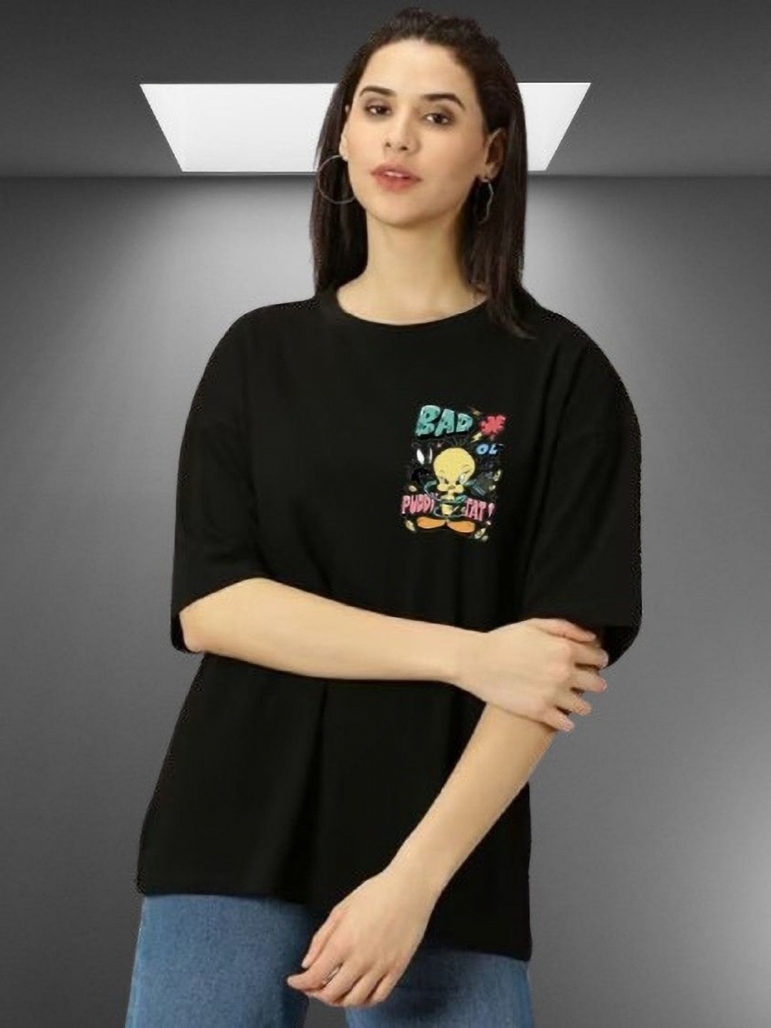 LECOWAR Looney Tunes Graphic Printed Drop-Shoulder Sleeves Cotton Oversize T-shirt