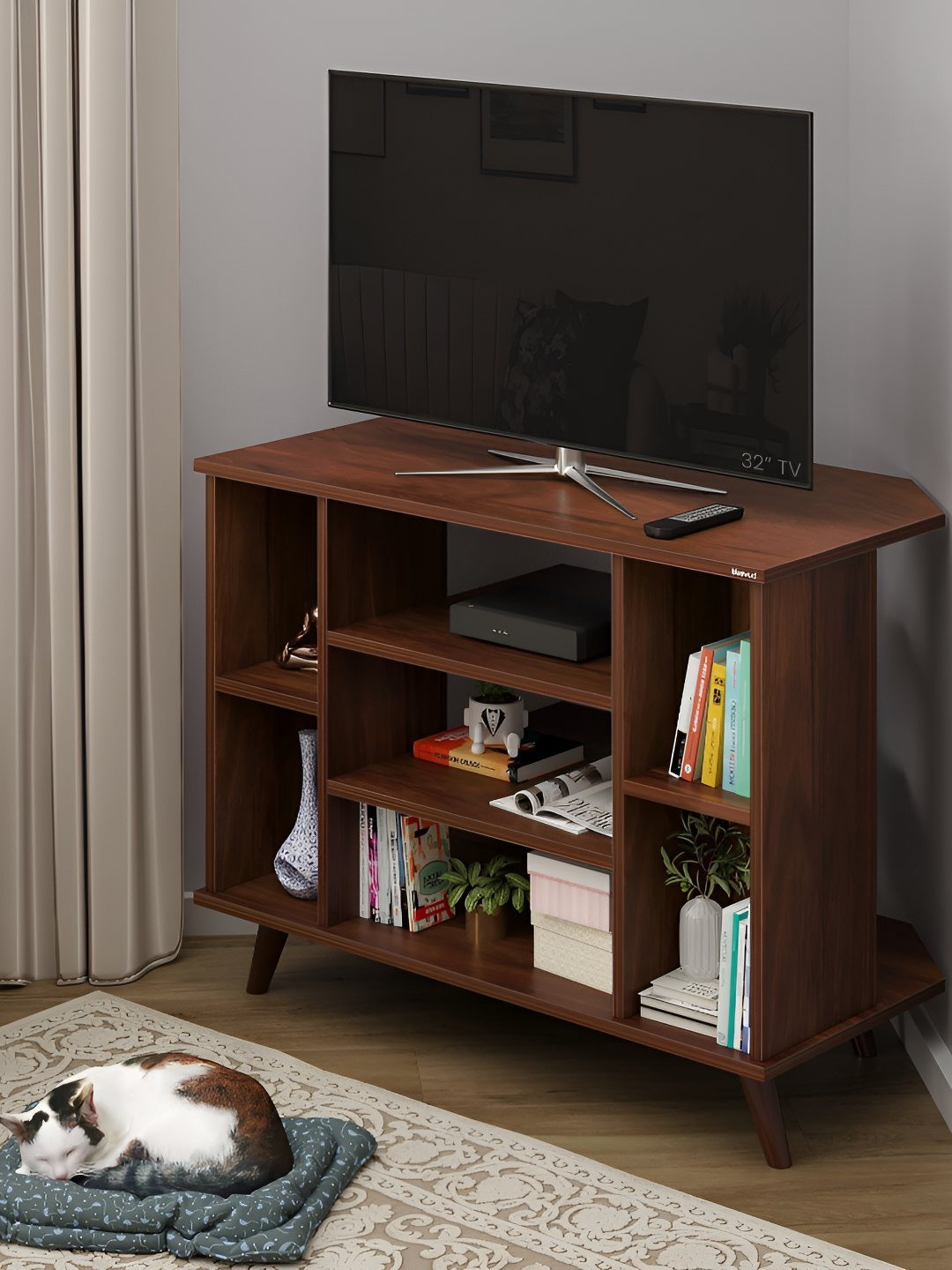 bluewud Gautier Brown Wooden TV Entertainment Unit With Shelves