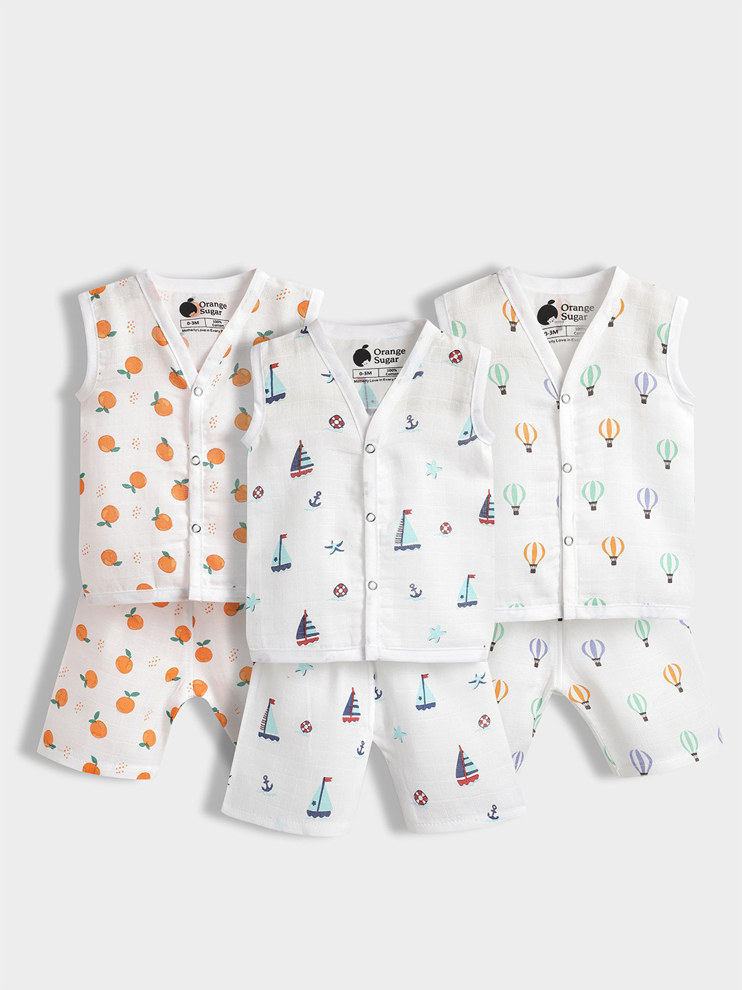 Orange Sugar Pack Of 3 Kids Printed Pure Cotton Jhabla With Shorts