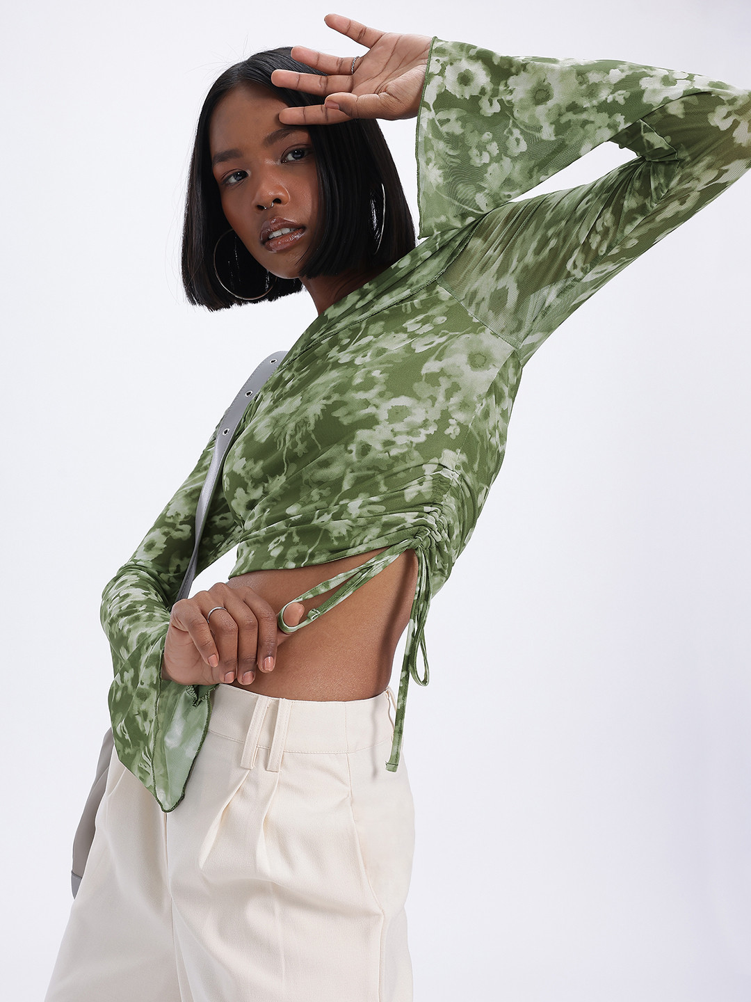 glitchez Mesh Off-Shoulder Ruched Crop Top