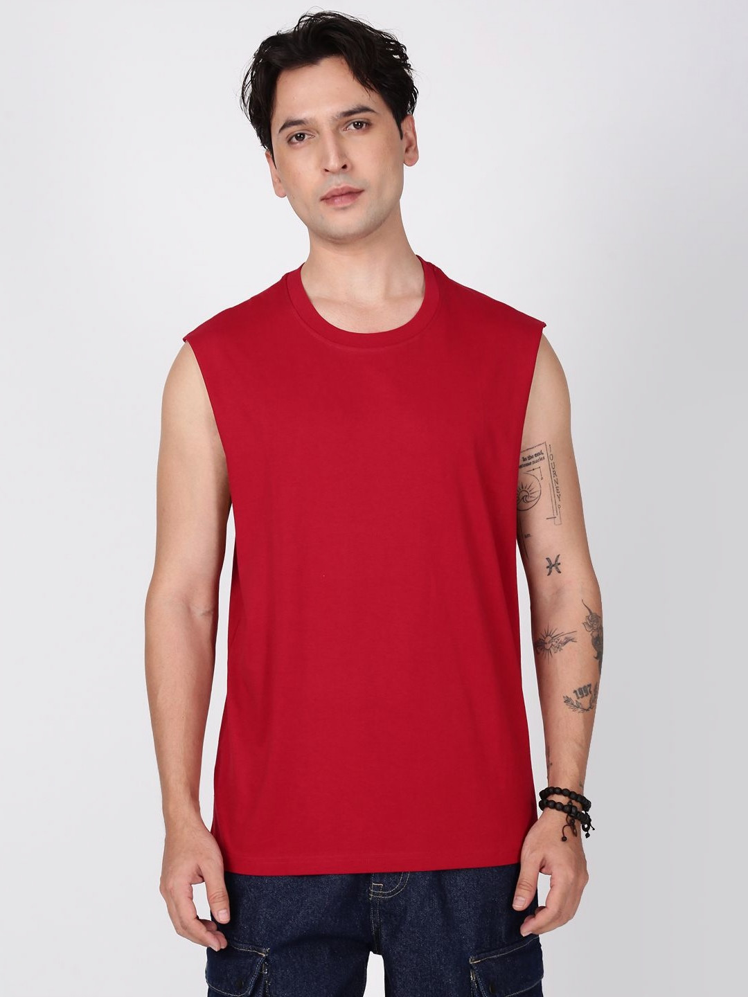 Bene Kleed Men Red Relax Tshirt Solid Cotton Round Neck Sleeveless Relaxed Fit T-shirt