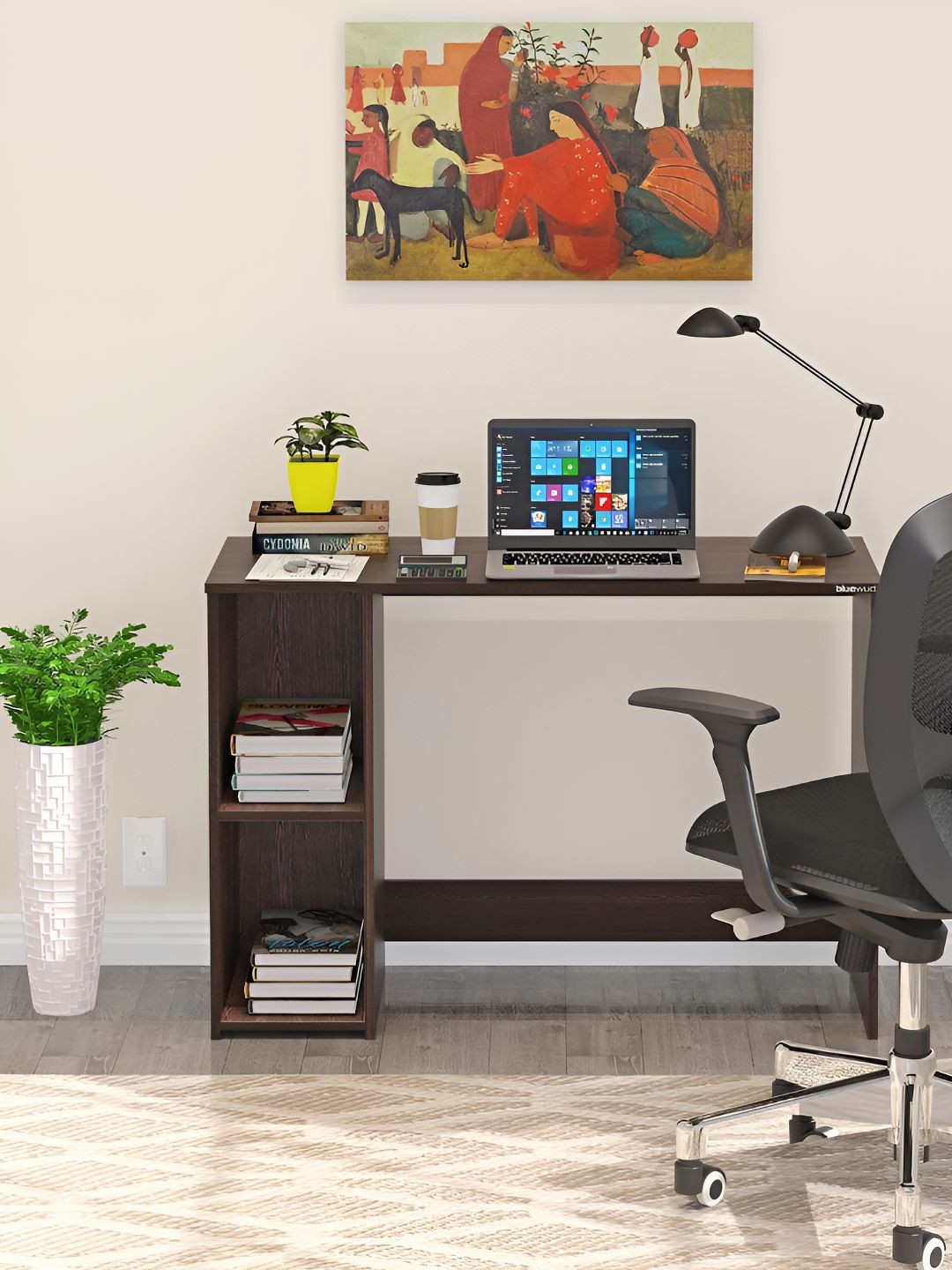 bluewud Brown Engineered Wood Storage Shelves Study & Computer Table