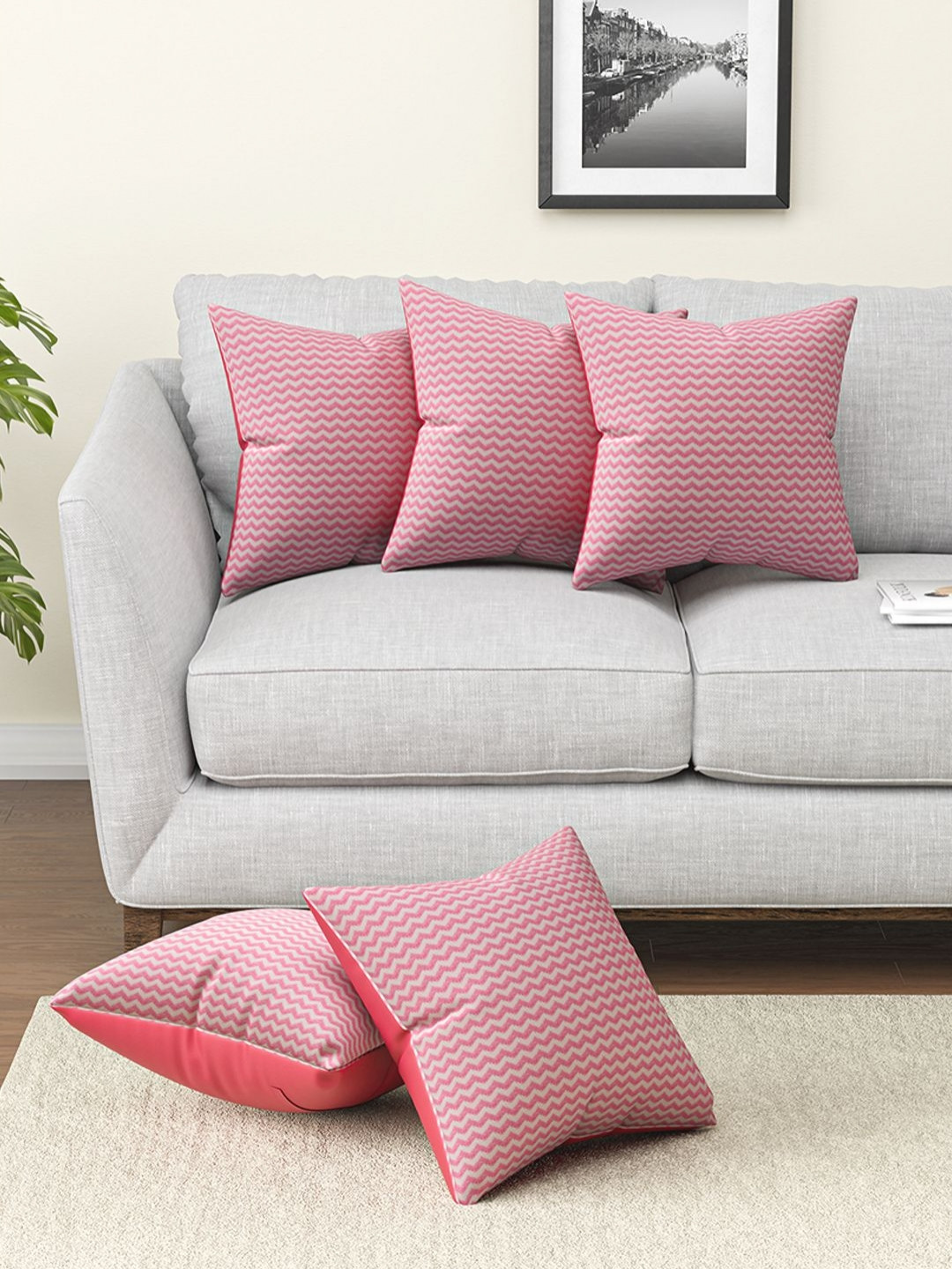 Aura Pink & White 5 Pieces Square Microfiber Cushion Covers