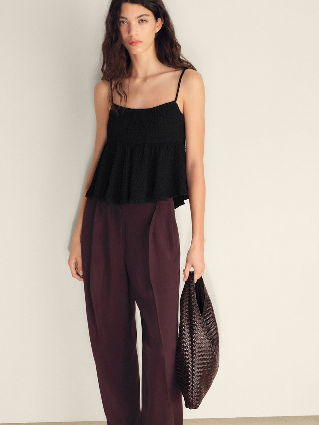 MANGO Ruffled Sleeveless Self-Design Top with Cut Out Detail