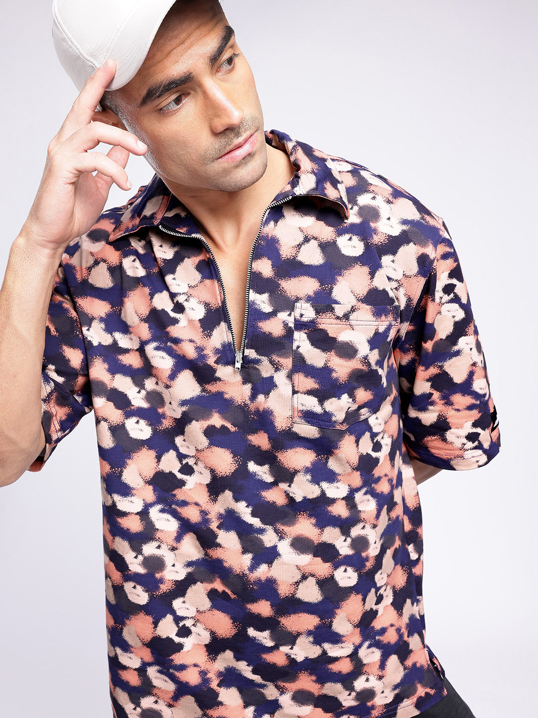 UNRL Boxy Fit Abstract Printed Polo Collar T-shirt