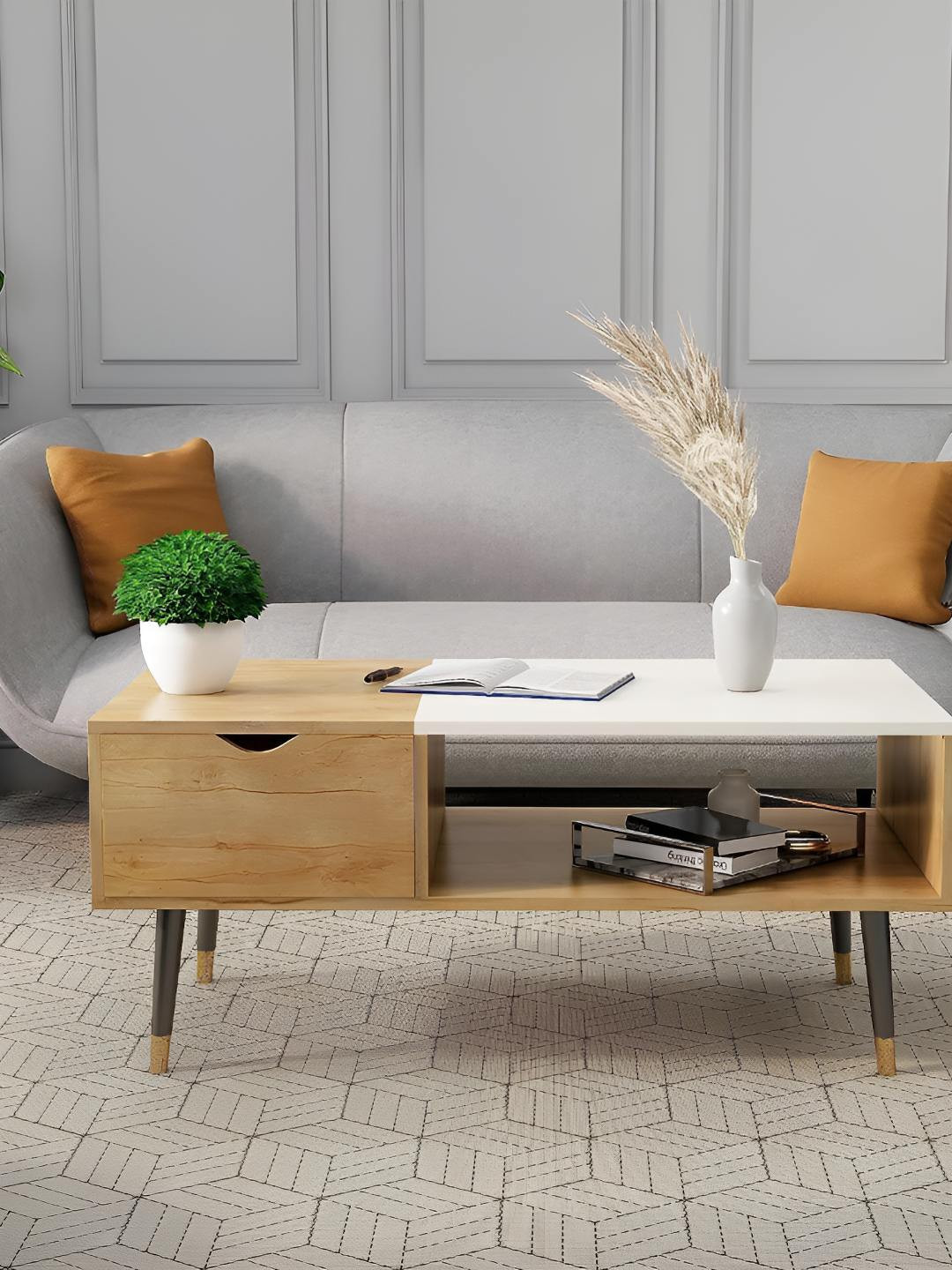 HEXA RED Brown & White Textured Wooden Rectangle Coffee Table