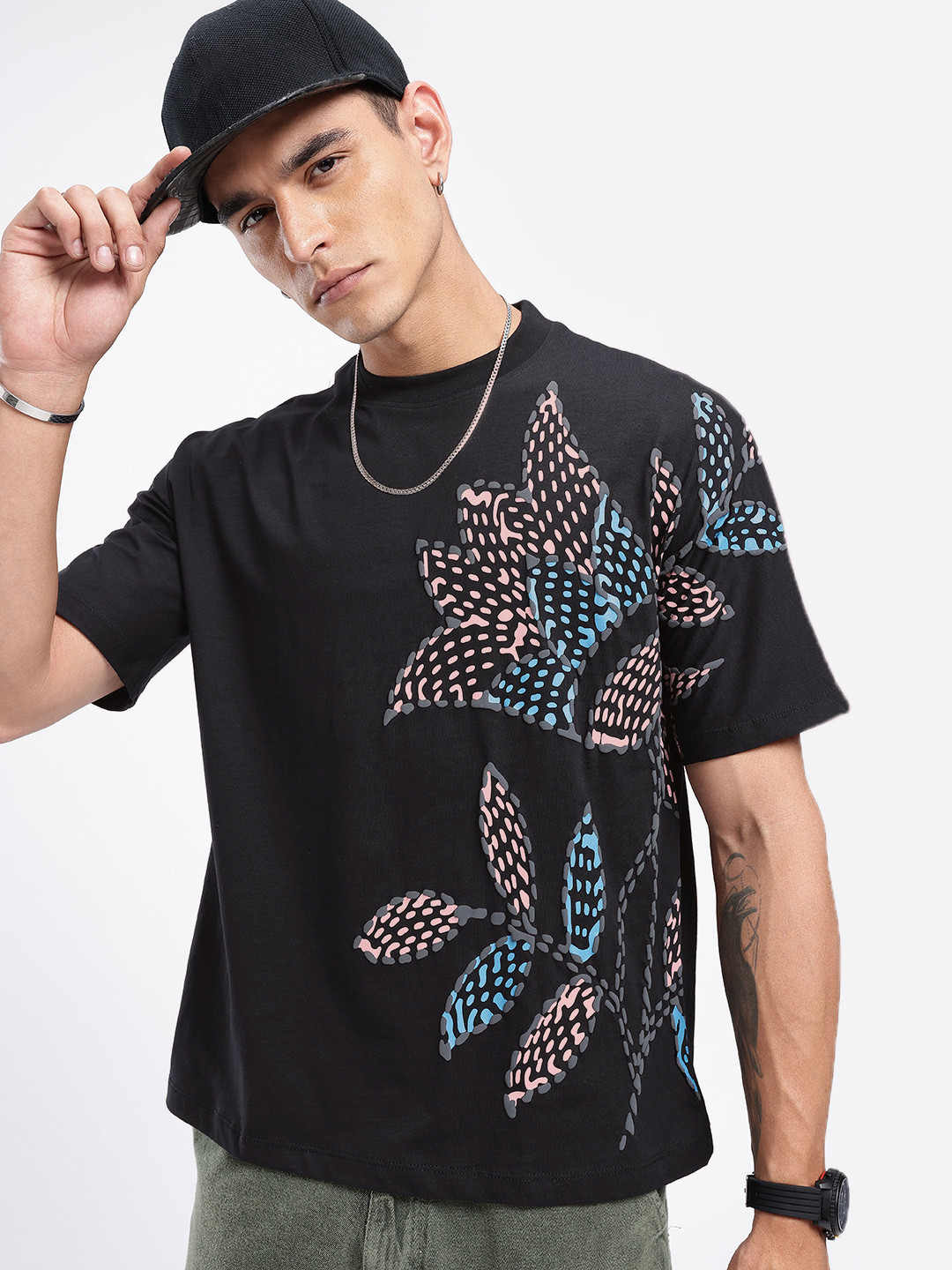 glitchez Floral Placement Print Oversized Pure Cotton T-shirt