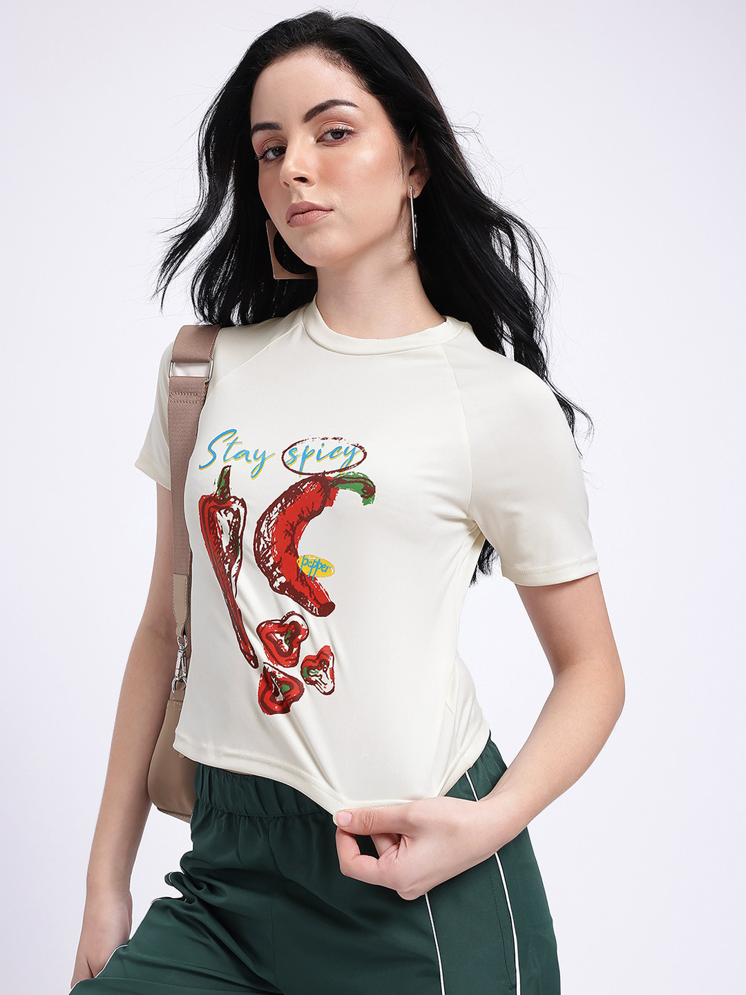 glitchez Printed Raglan Sleeves Cropped T-shirt