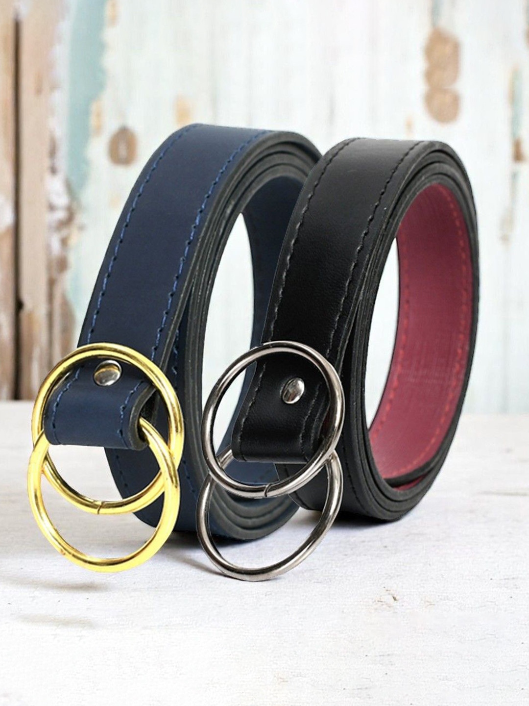 DressBerry Women Pack of 2 Formal Black & Blue Solid D-Ring Closure Belt