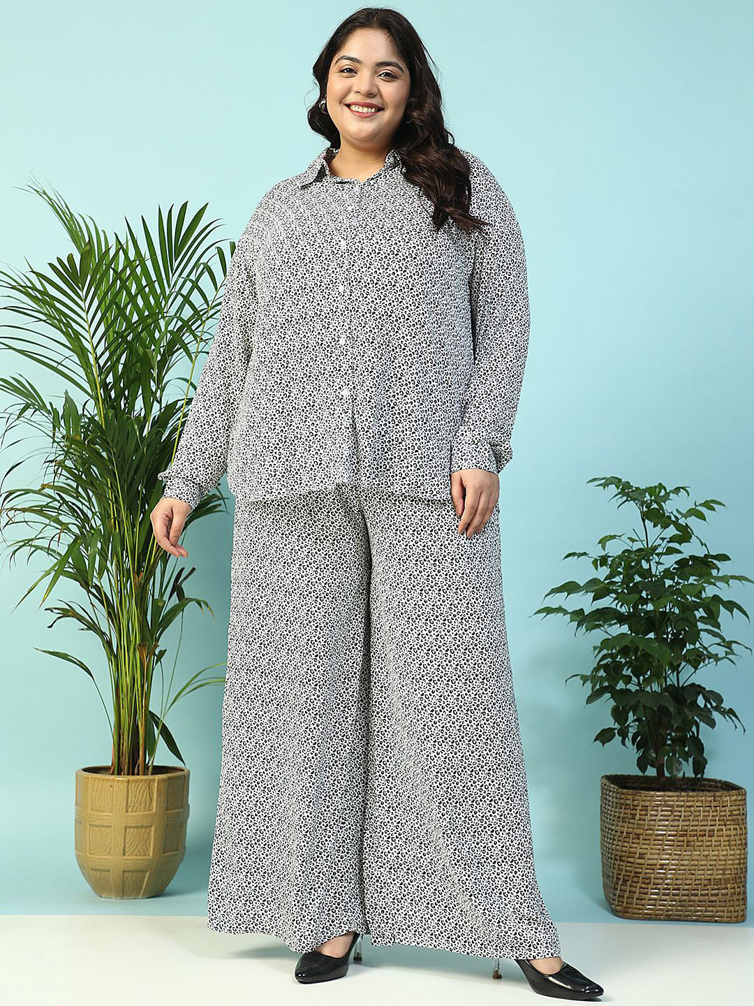 Oxolloxo Curve Women Plus Size Animal Print Collared Shirt with Flared Pants Co-ord Set
