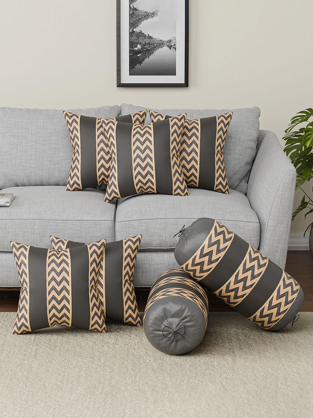 Kuber Industries Bolster Zig Zag Geometric Polyester 7 Pcs Cushion Covers - 16.1 x 16.1 In