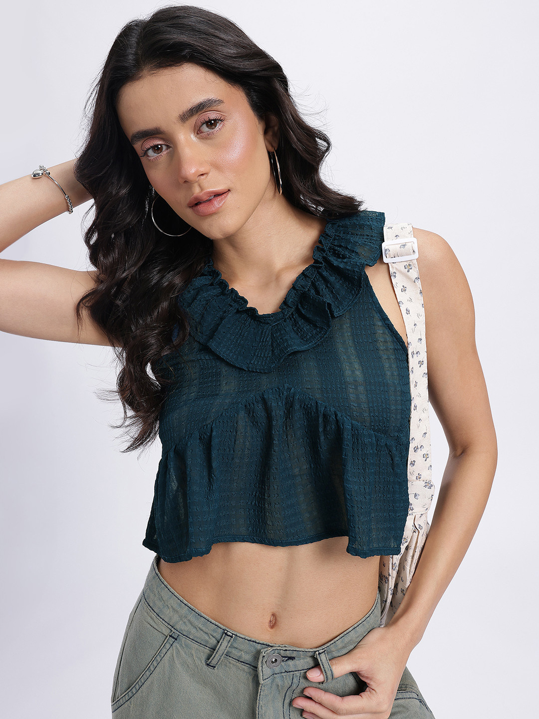 DressBerry Semi Sheer Ruffled Seersucker Empire Crop Top