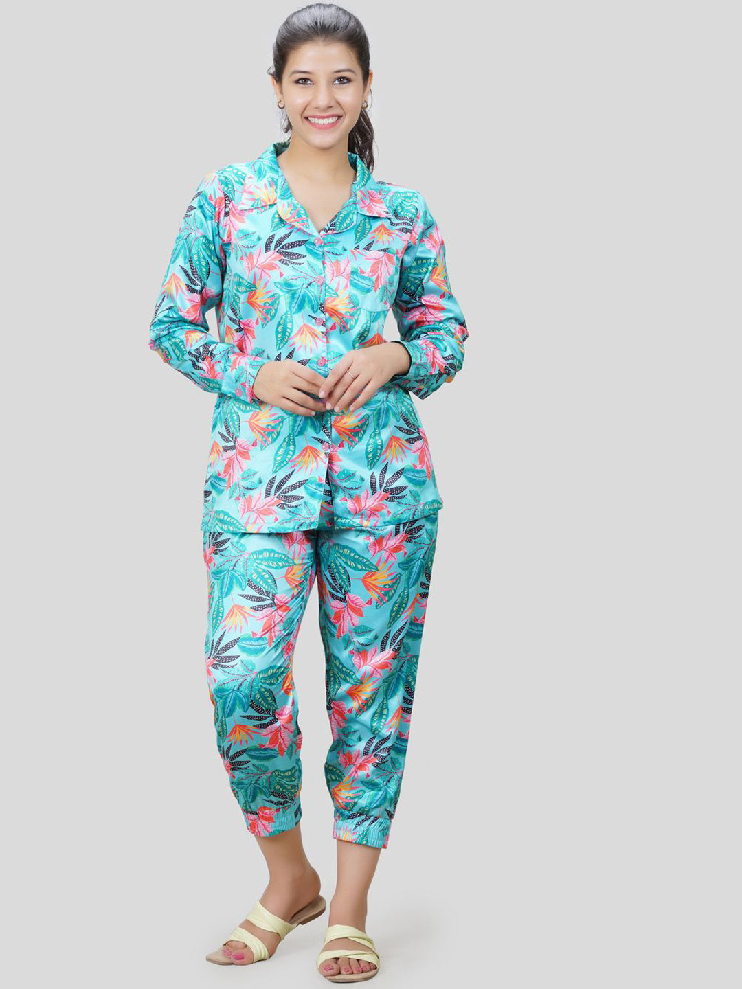 She N She Tropical Printed Satin Shirt With Joggers Co-Ords