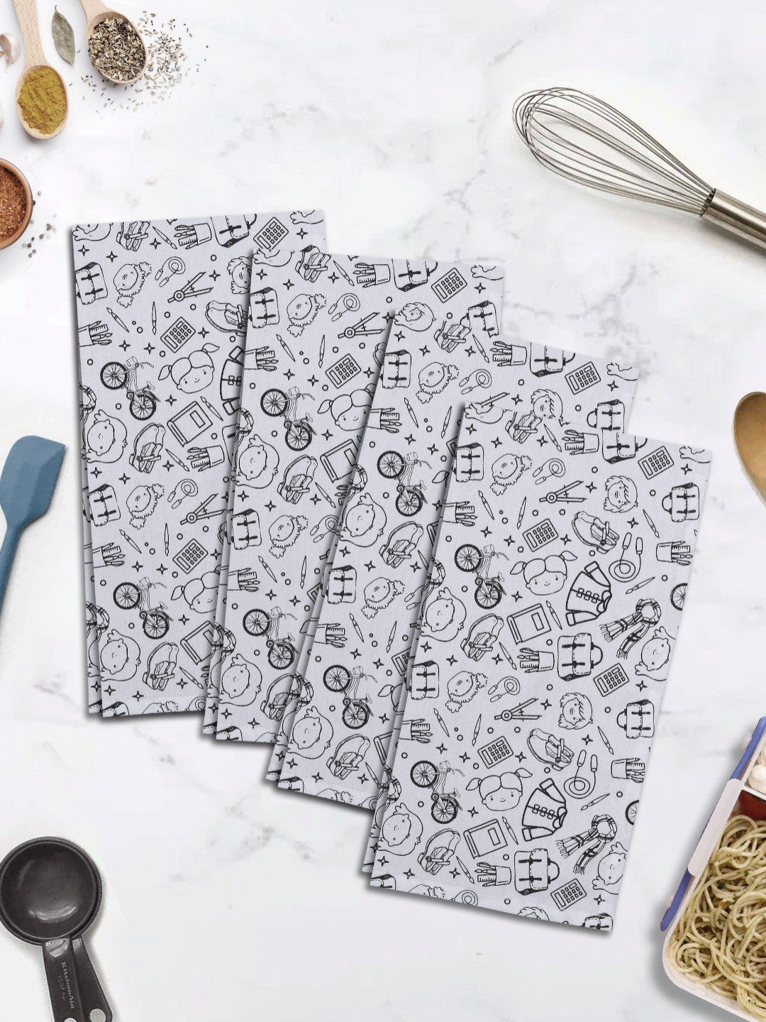 HOME COLORS.IN 4-Pcs Black & White Printed KitchenTowels