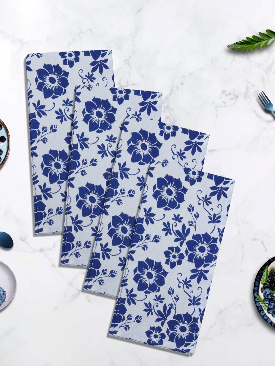 HOME COLORS.IN 4-Pcs Navy Blue & White Daisy Floral Printed KitchenTowels