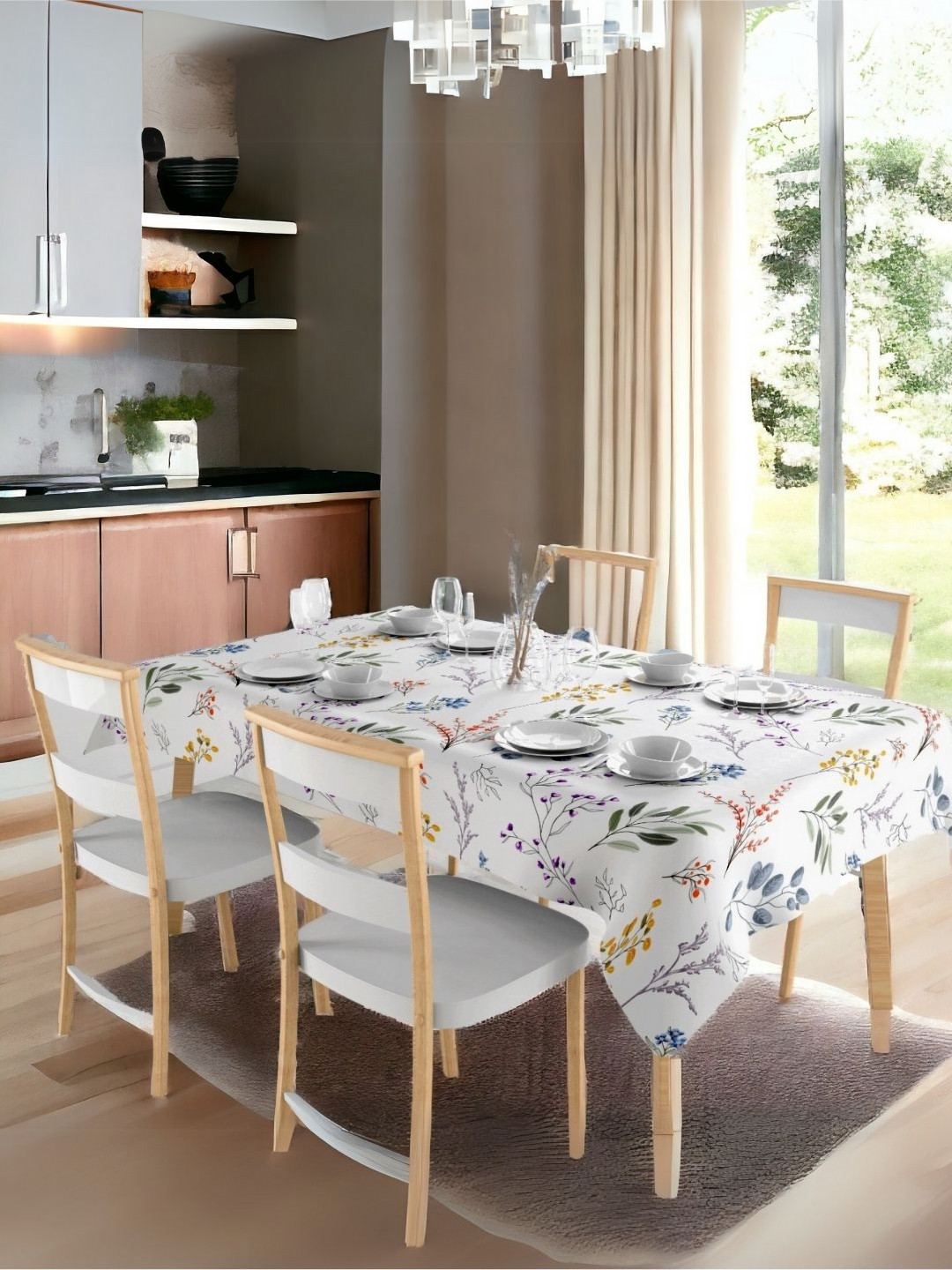 LUSHLYF Autumn Berries White & Green Floral Printed Cotton 6-Seater Table Cover