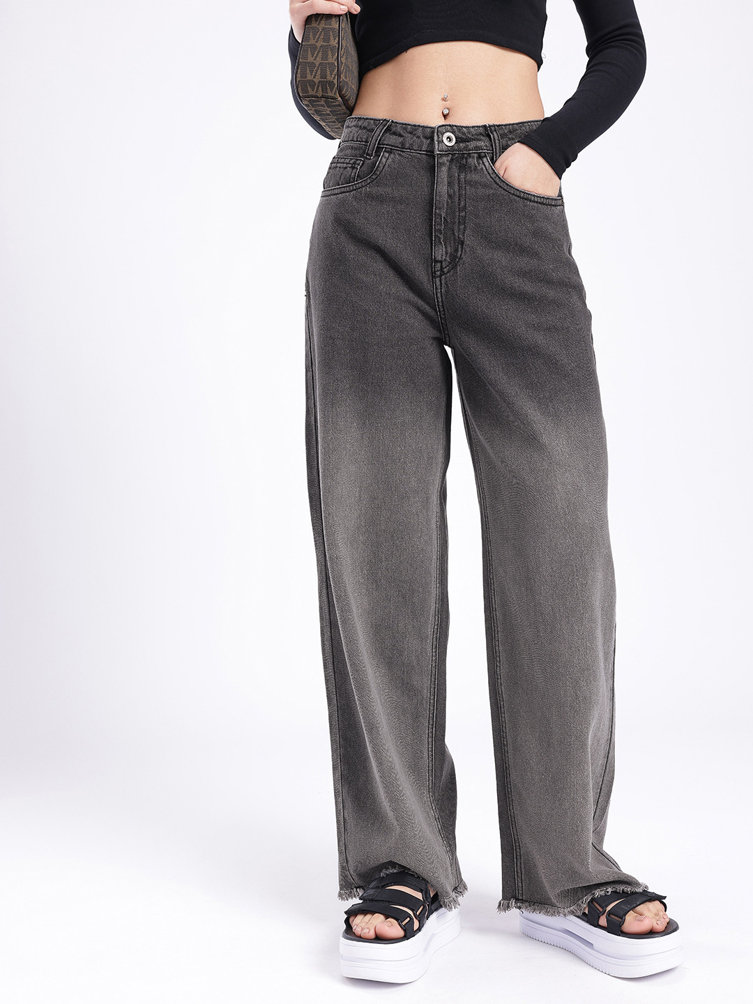 glitchez Women 90's Baggy Wide Leg High-Rise Heavy Fade Jeans