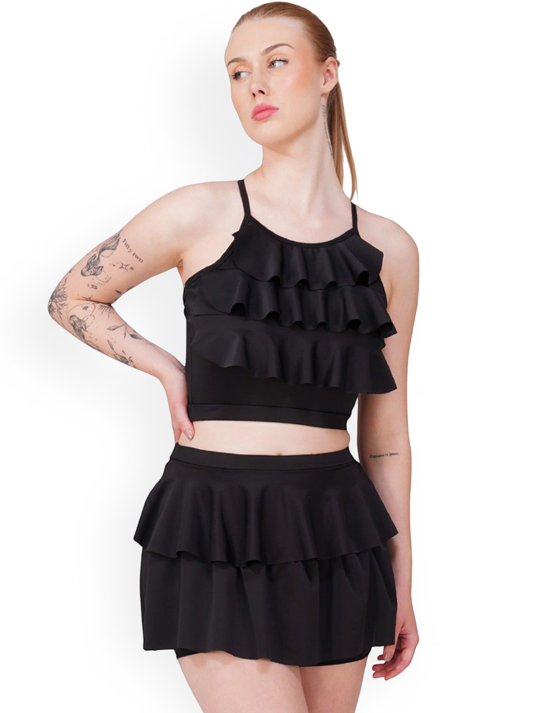 TOMKOT Shoulder Strap Neck Padded Ruffle Detail Two-Piece Swimming Dress