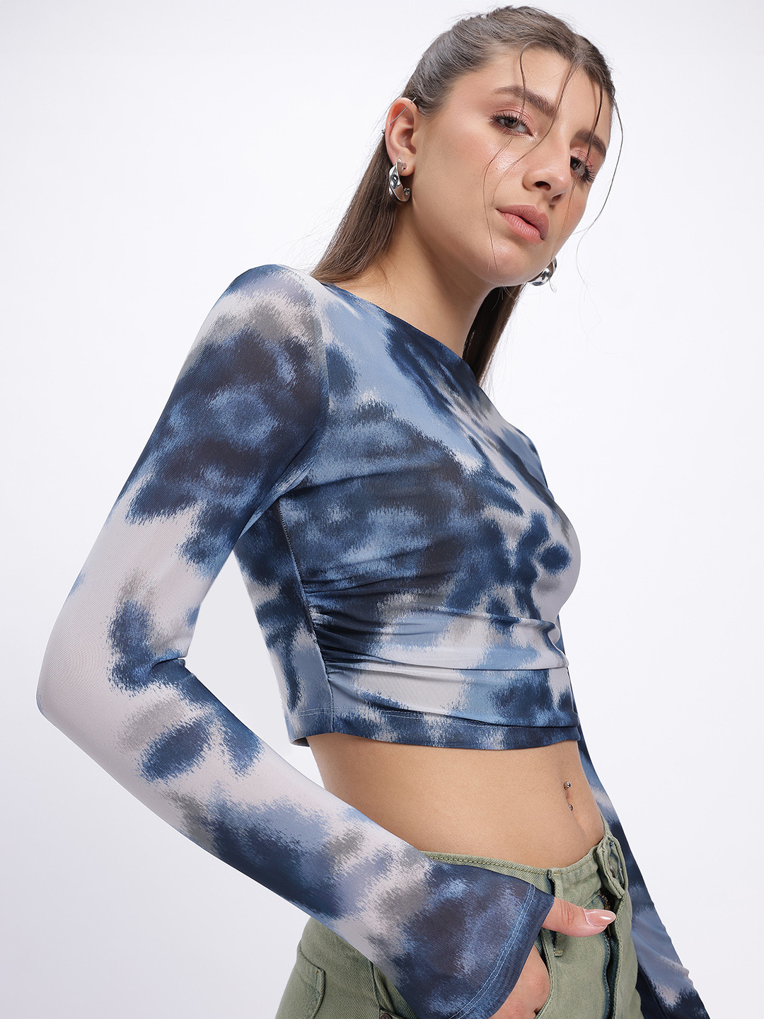 glitchez Abstract Print Mesh Crop Fitted Top