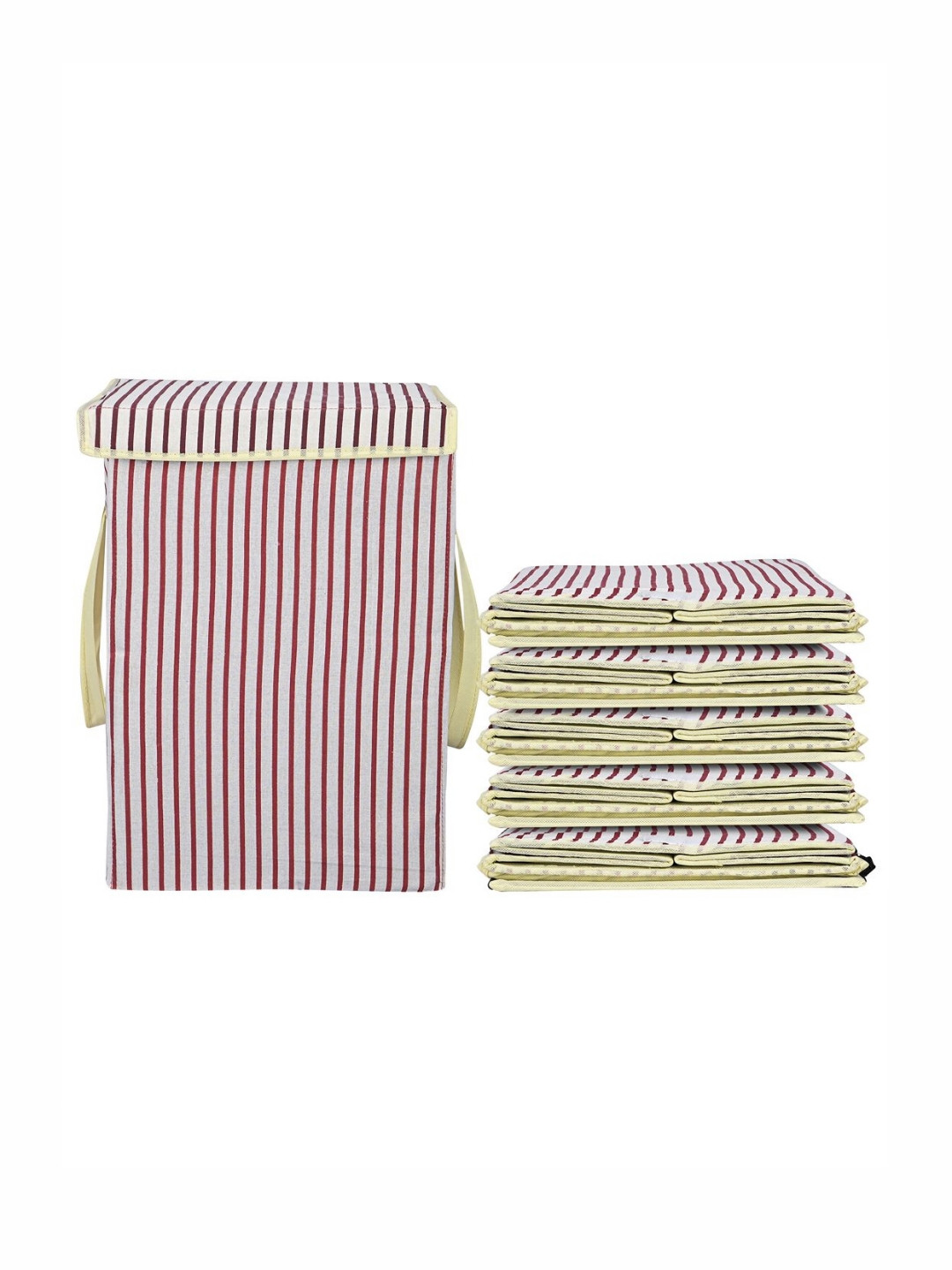 Aura 6Pcs White & Maroon Striped Foldable Laundry Bags With Lid 75 L Each