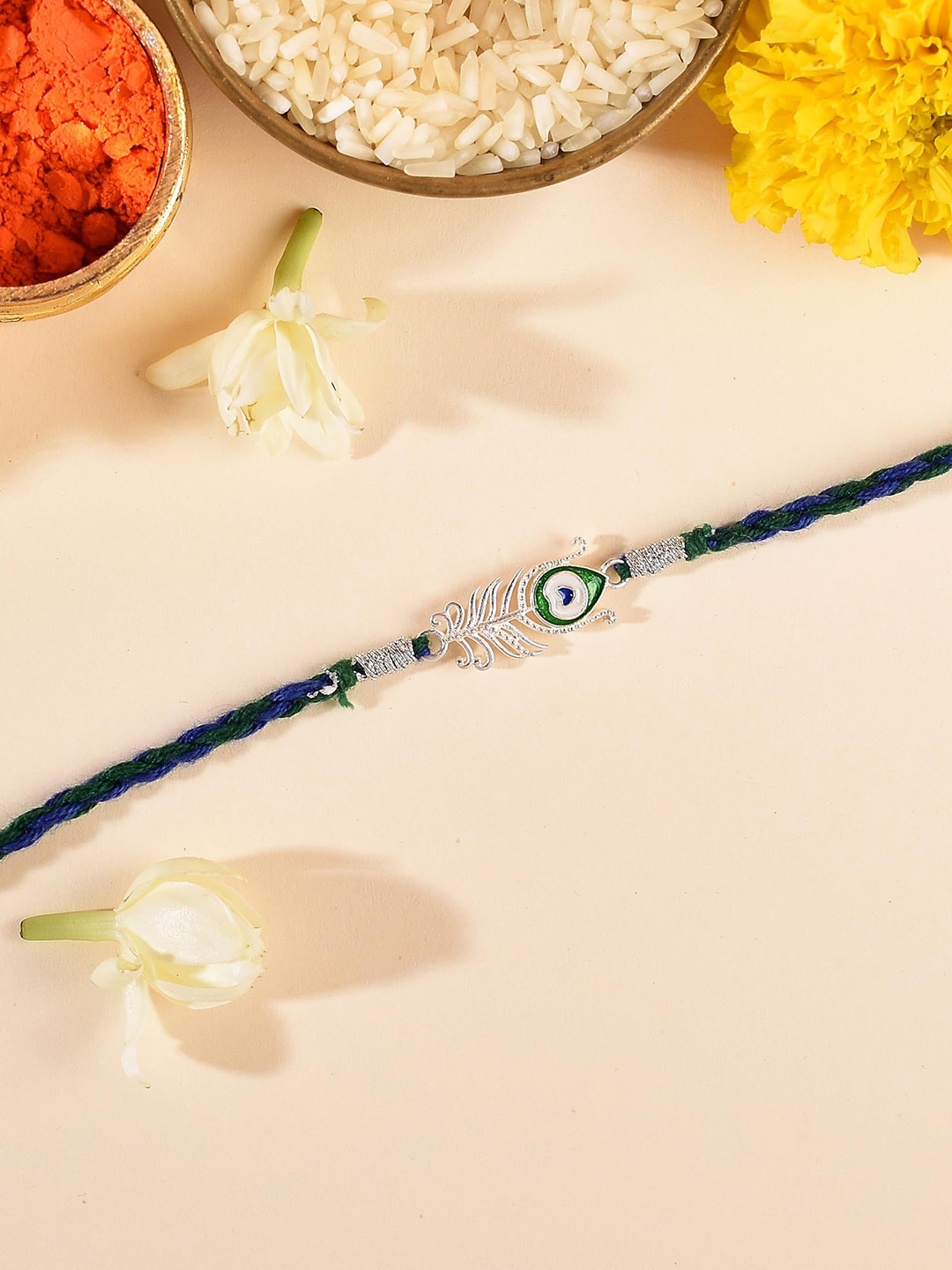 ROOVI 925 Sterling Silver Morpankh Krishna Thread Rakhi With Roli Chawal