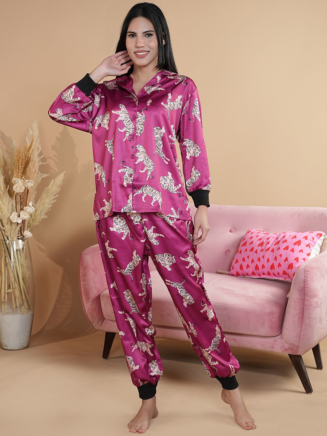 She N She Women Animal Printed Lapel Collar Shirt Joggers Night suit