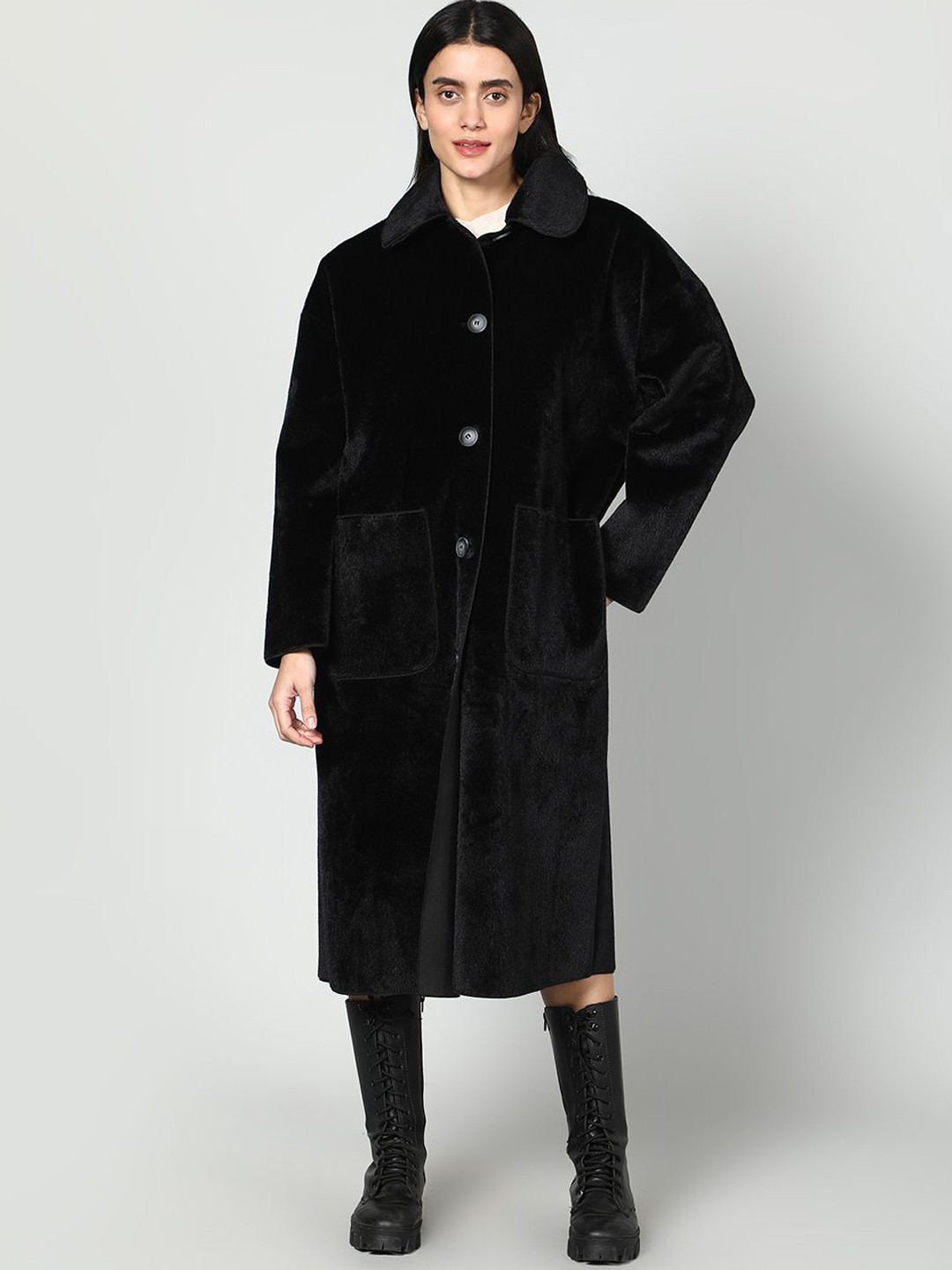 Fashion Gaiia Spread Collar Neck Single Breasted Plush Woolen Overcoat