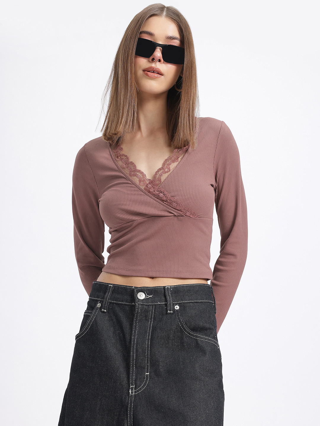 glitchez Flirty Fit Ribbed Lace Insert Crop Top