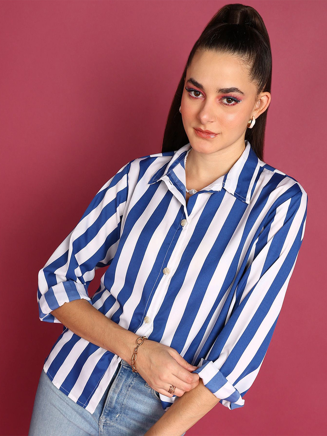 Popwings Striped Spread Collar Smart Shirt