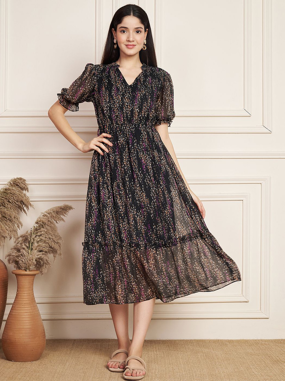 Fbella Black Chiffon Printed Puff Sleeve Fit & Flare Midi Dress