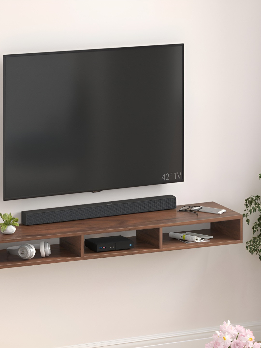 bluewud Brown Engineering Wood Primax Solo Wall Mount TV Unit For Books & Dcor