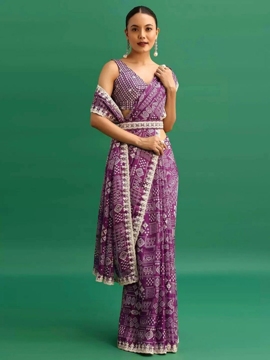 ODETTE Embellished Embroidered Purple Chinon Digital Print Saree