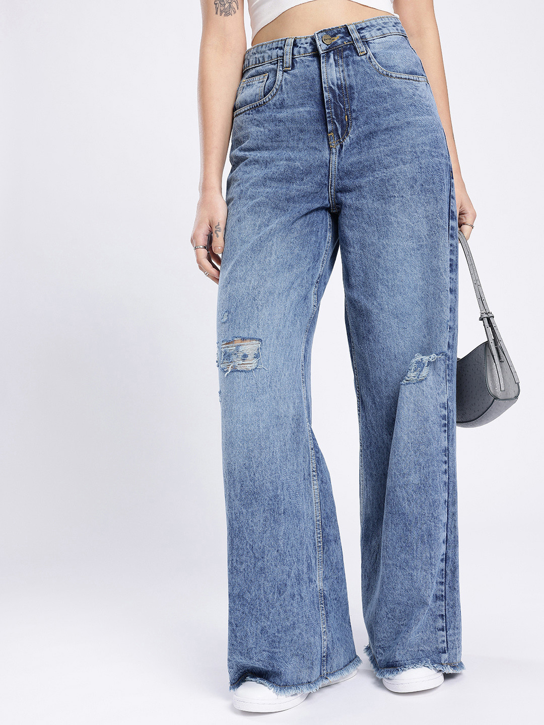 glitchez Women Distress Wide Leg Heavy Fade Frayed Jeans