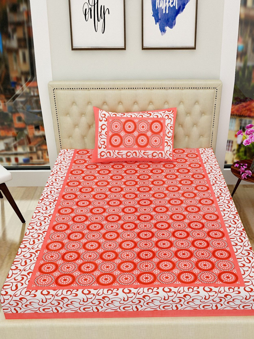 POORAK Jaipuri Red Geometric Cotton Breathable 104 TC Single Coarse Bedsheet with a Pillow Cover-160.1 x 90 inches