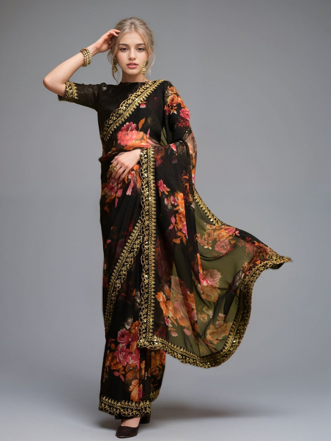 ODETTE Black Black Georgette Printed Saree For Women