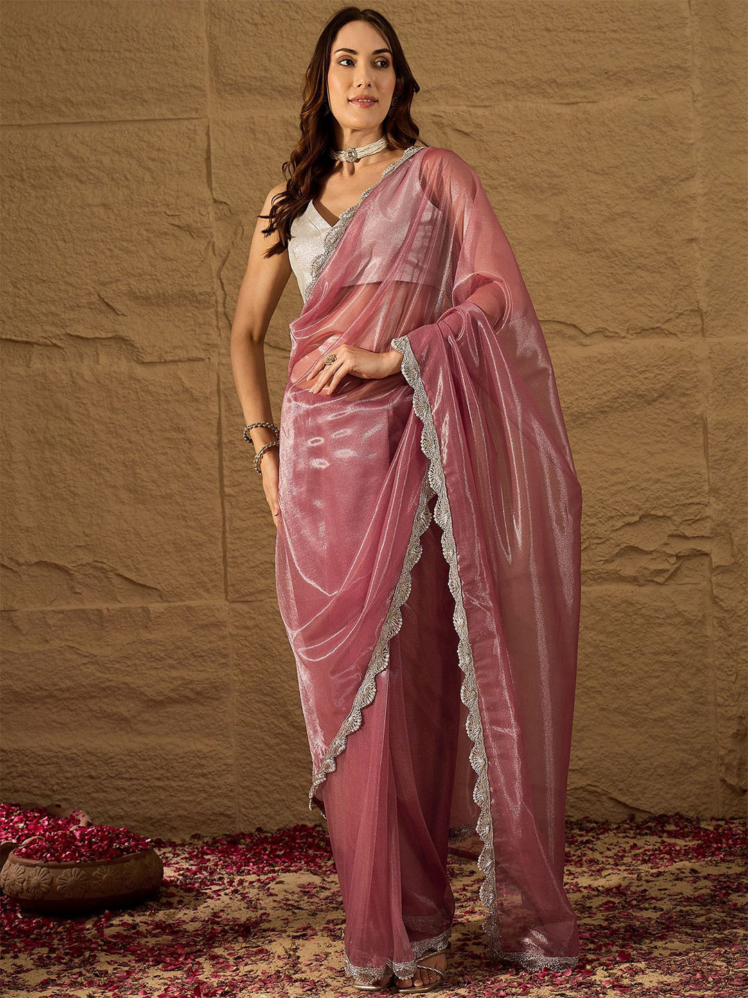 House of Pataudi Lace Women Embellished Fancy Border Saree With Unstitched Blouse