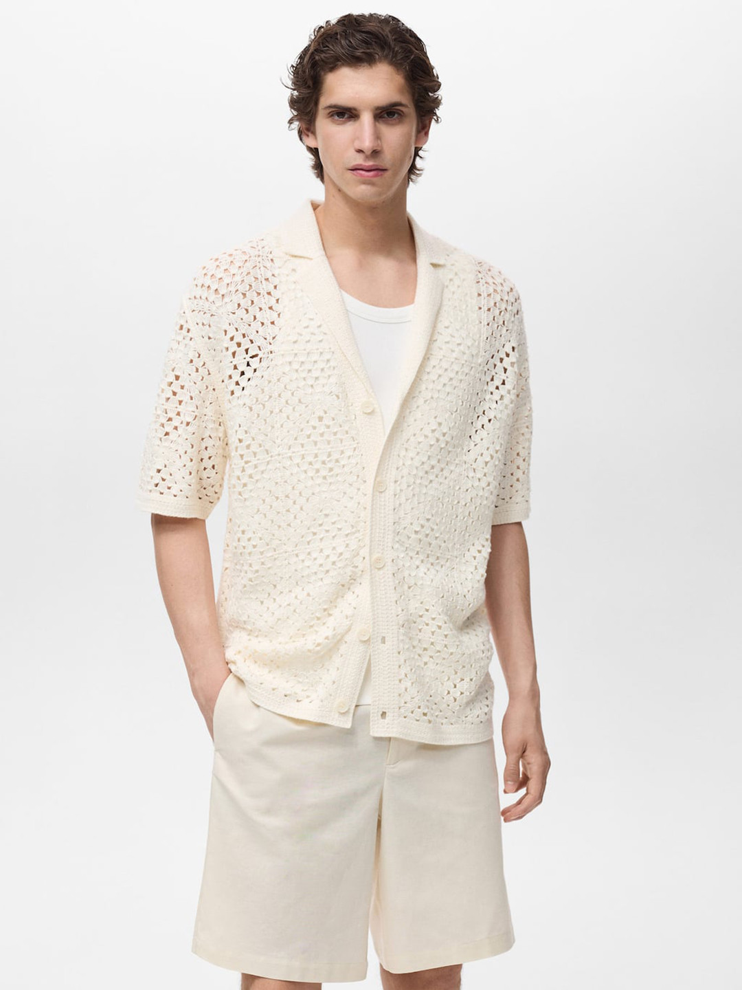 MANGO MAN Notched Lapel Semi-Sheer Crochet Shirt