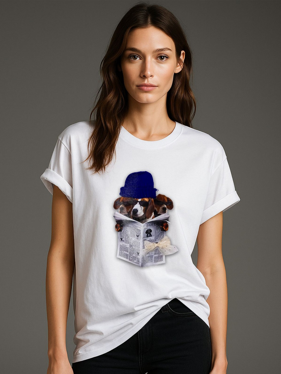 GRACE & JACK Women White Daily Doggo3D Beanie & Bow T-shirt