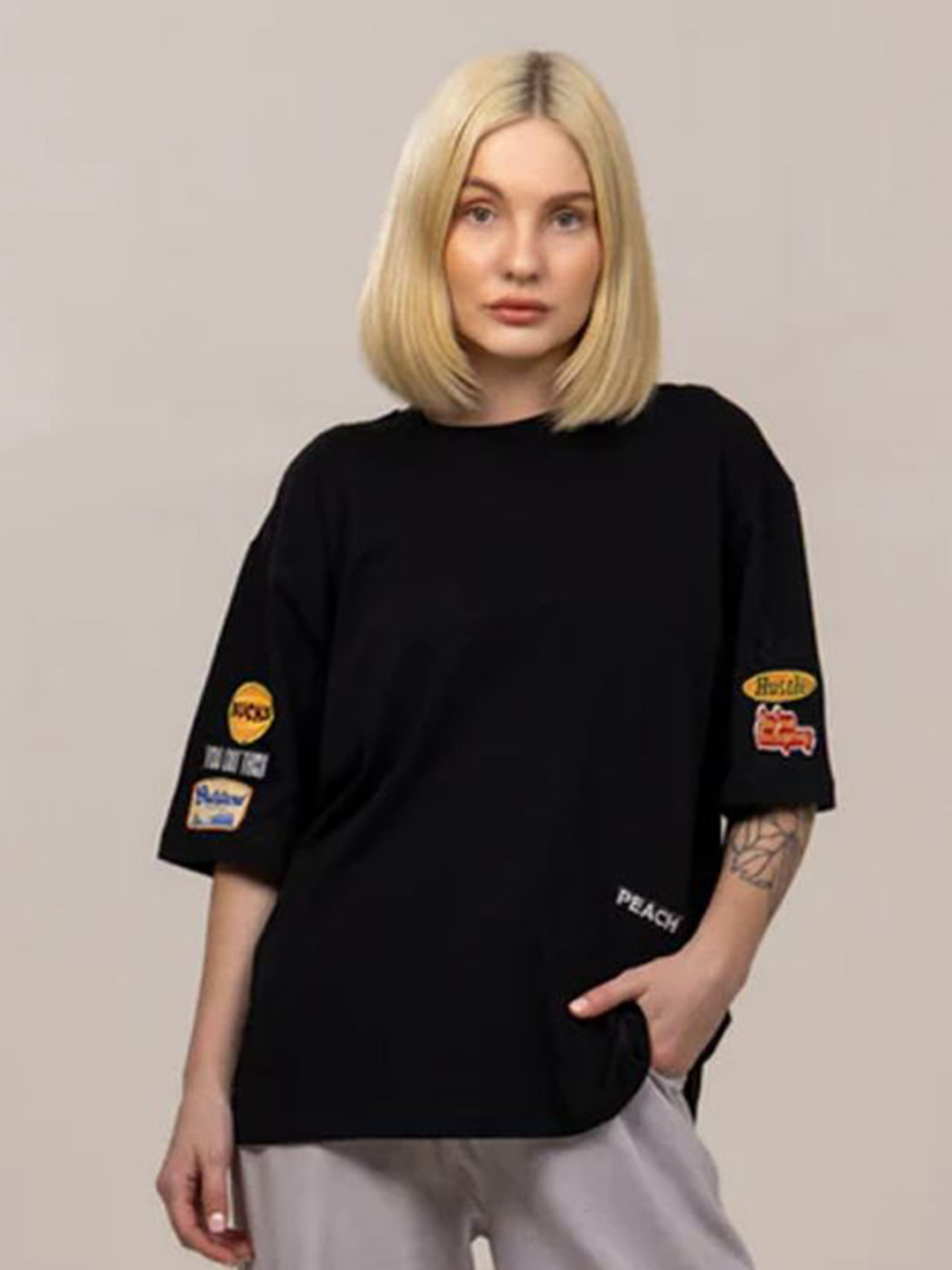 Peach Graphic Printed Bio Finish Round Neck Oversized T-shirt
