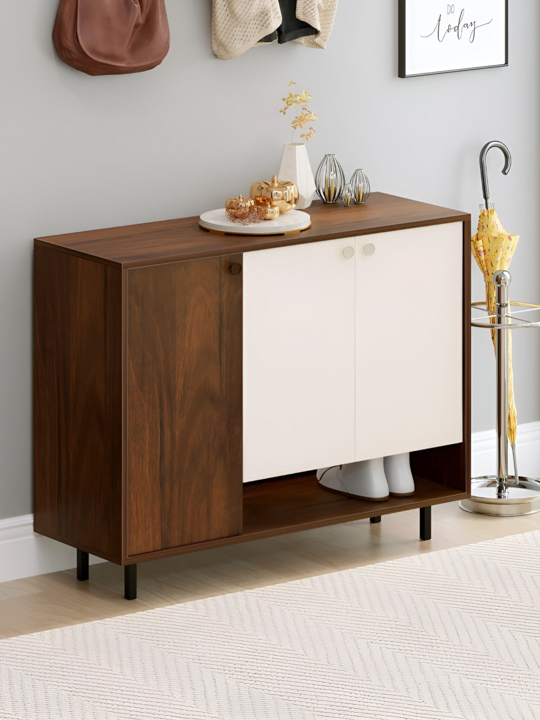 BLUEWUD Prorage Brown & White Dual-Tone Engineered Wood Open Shelve Shoe Rack