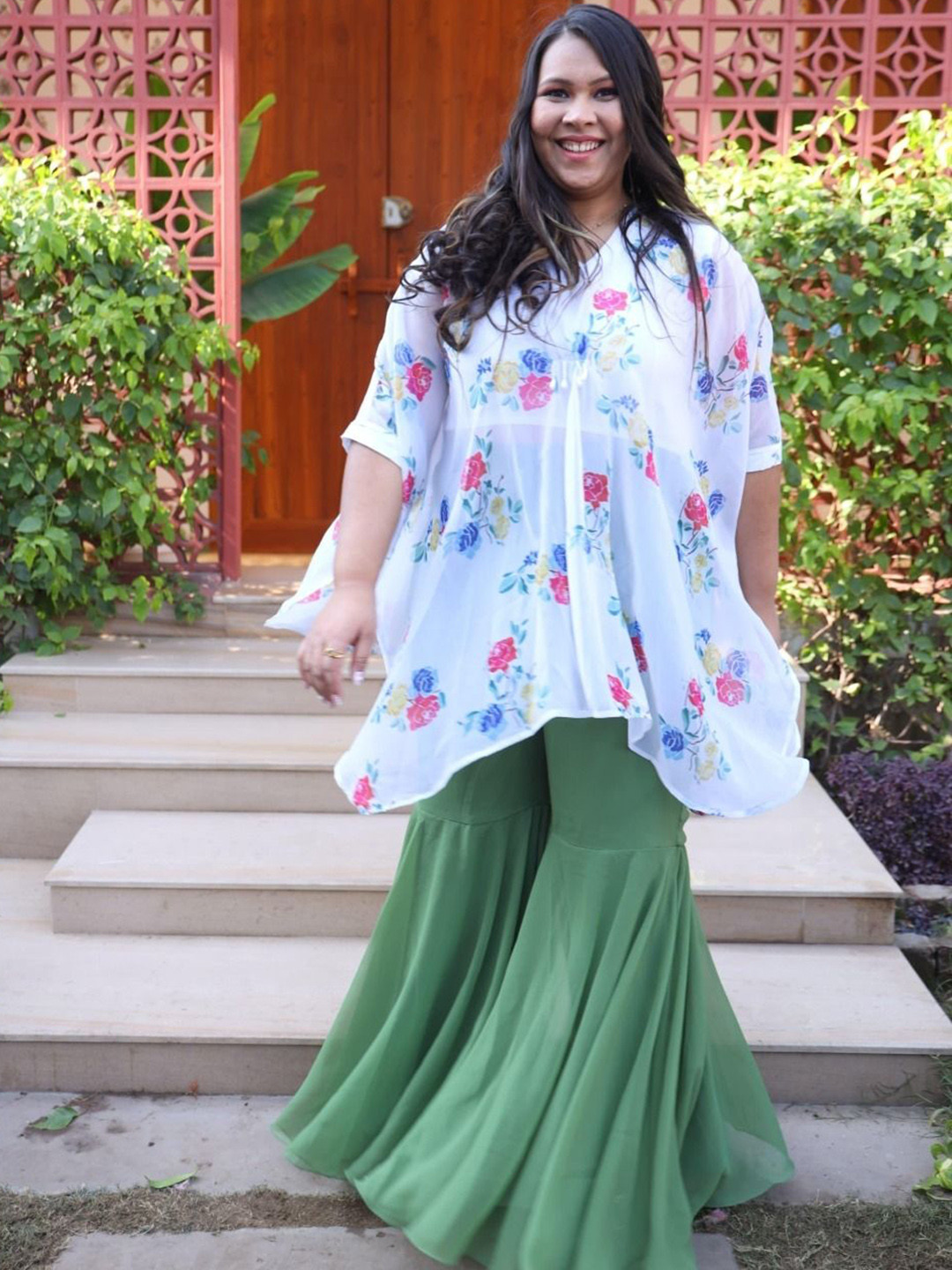 Swadeshi Shringaar White & Olive Georgette Sharara Set