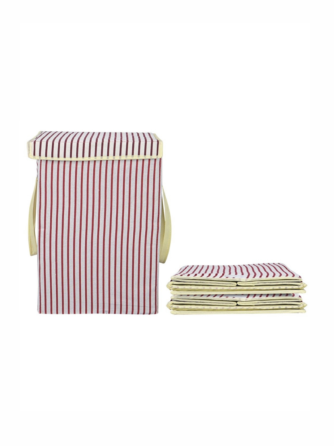 Aura 3Pcs White & Maroon Striped Foldable Laundry Bags With Lid 75 L Each