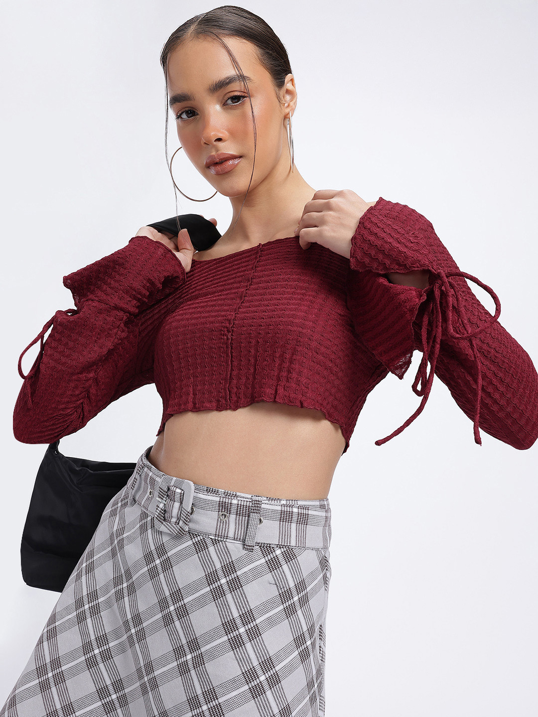 glitchez Textured Tie-up Detailing Ruffle Full Sleeves Crop Top