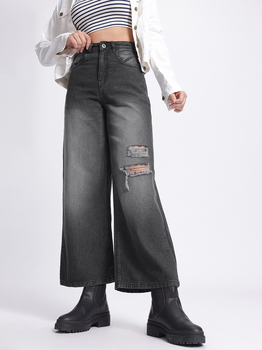 glitchez Ripped Light Fade Wide Leg Jeans